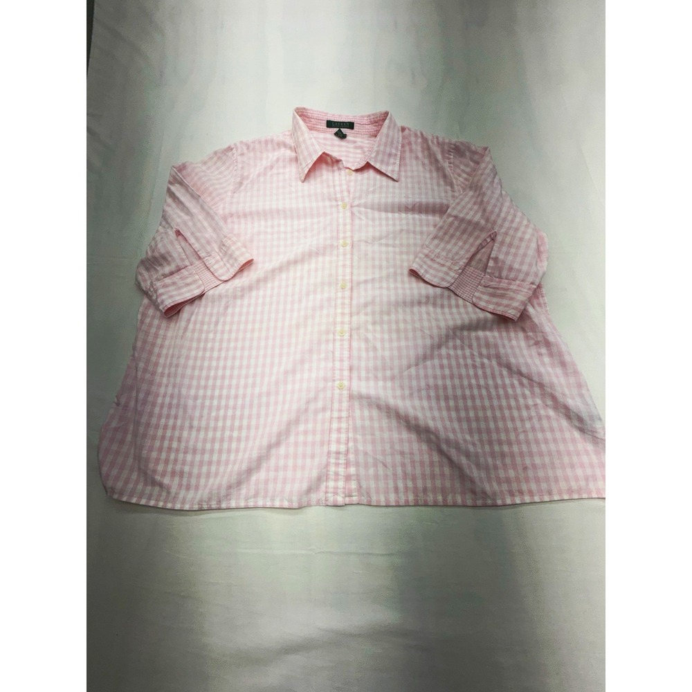 Lauren Ralph Lauren Womens 2X Pink White Check Short Sleeve Classic Cotton Shirt